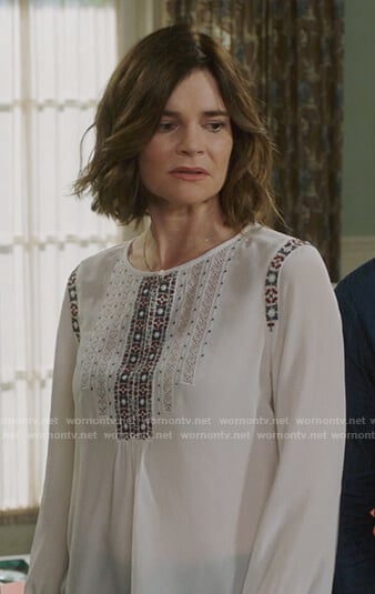 Heather's white embroidered trim top on Life in Pieces