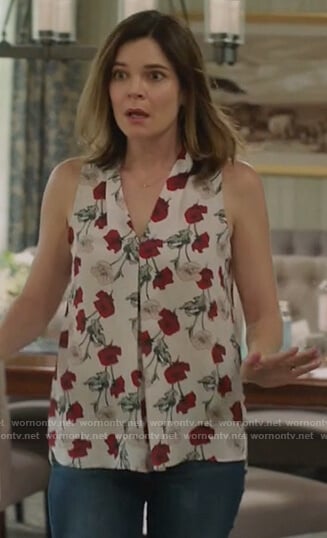 Heather's white floral print sleeveless top on Life in Pieces