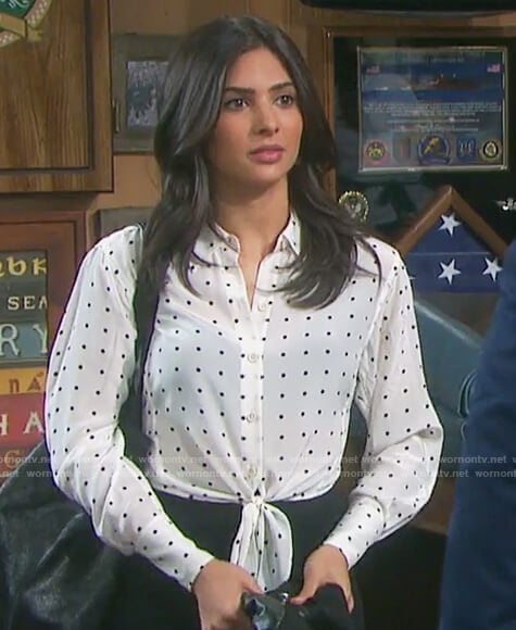 Gabi’s white polka dot tie waist top on Days of Our Lives