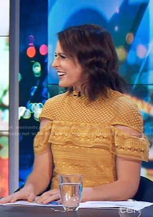 Rachel's yellow lace ruffle front dress on The Project