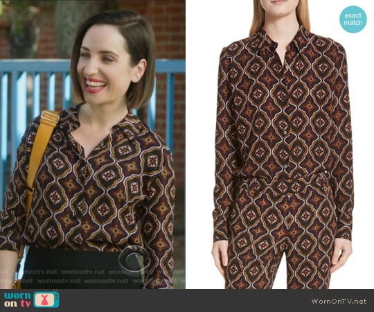 Aubrey Print Silk Top by ALC worn by Jennifer Short (Zoe Lister-Jones) on Life in Pieces