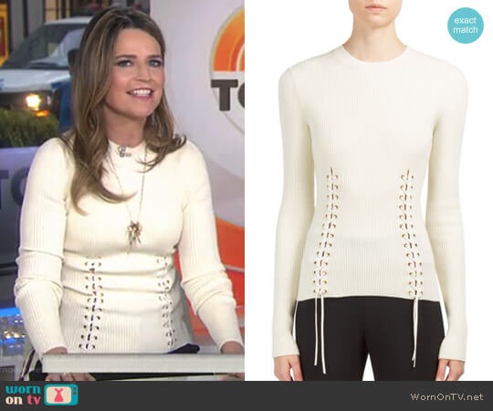 WornOnTV: Savannah’s white lace-up ribbed sweater on Today | Savannah ...