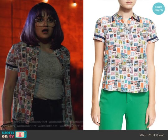 Oswald Short-Sleeve Button-Down Top by Alice + Olivia worn by Gert Yorkes (Ariela Barer) on Marvels Runaways