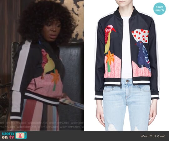 Felisa Bird and Plant Print Silk Bomber Jacket by Alice + Olivia worn by Porsha Taylor (Ta'Rhonda Jones) on Empire