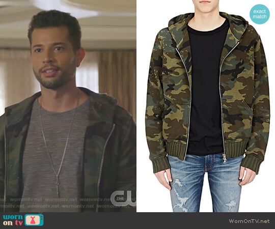 Camouflage Cotton Shotgun Hoodie by Amiri worn by Sam Flores (Rafael de la Fuente) on Dynasty