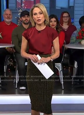 Amy’s red satin top and metallic striped skirt on Good Morning America