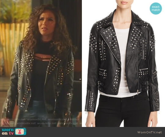 Studded Faux-Leather Moto Jacket by Aqua worn by Mazikeen (Lesley-Ann Brandt) on Lucifer