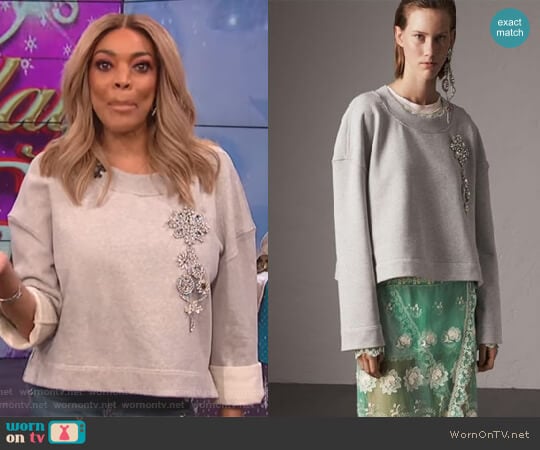 Cropped Sweatshirt with Crystal Brooch by Burberry worn by Wendy Williams on The Wendy Williams Show