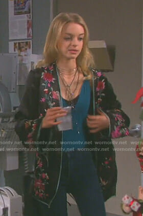 Claire’s black floral embroidered kimono jacket on Days of our Lives