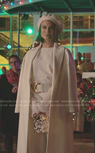 Cristal’s white lace bell sleeve top and coat on Dynasty