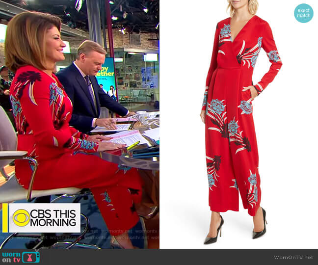 Floral Print Crossover Jumpsuit by Diane von Furstenberg worn by Norah O'Donnell on CBS Mornings