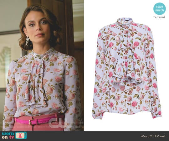 Ruffle-Front Floral Print Blouse by Francesco Scognamiglio worn by Cristal Flores (Nathalie Kelley) on Dynasty