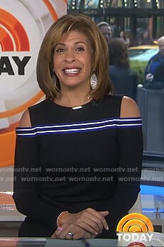 Hoda’s black cold-shoulder long sleeve top on Today