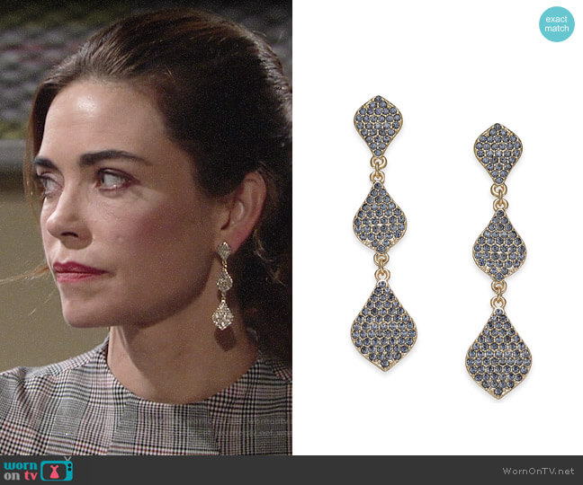 INC International Concepts Gold-Tone Crystal Triple Drop Earrings worn by Victoria Newman (Amelia Heinle) on The Young and the Restless