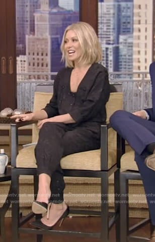 Kelly’s black button front jumpsuit on Live with Kelly and Ryan