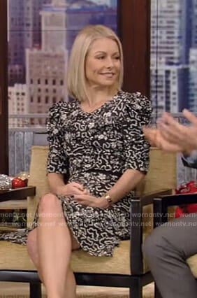 Kelly’s black floral ruched sleeve dress on Live with Kelly and Mark