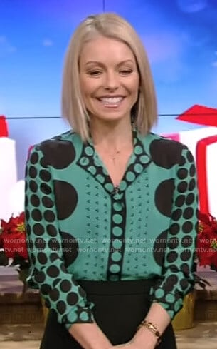 Kelly’s green dot print blouse on Live with Kelly and Ryan