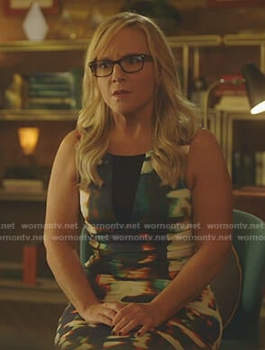 Linda's printed sheath dress on Lucifer