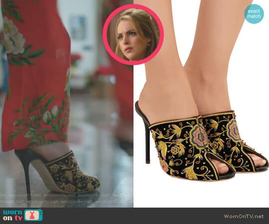 Dawn Embellished Velvet Mules by Malone Souliers worn by Fallon Carrington (Elizabeth Gillies) on Dynasty