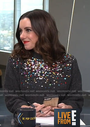 Melanie’s grey embellished sweater on Live from E!