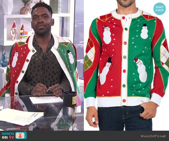 Ugly Christmas Snowmen Dancing Cardigan by Tipsy Elves worn by Justin Sylvester on E! News