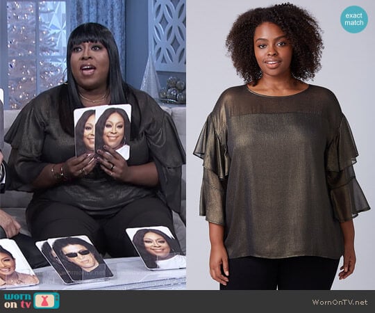 Metallic Ruffle-Sleeve Top by Lane Bryant worn by Loni Love on The Real