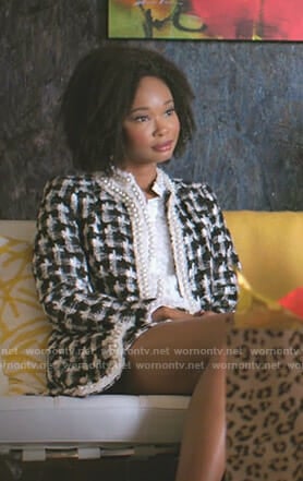 Monica’s white pearl blouse and checked tweed jacket on Dynasty