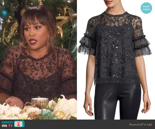 Constellation Short-Sleeve Sequin Tulle Top by Needle & Thread worn by Eve on The Talk