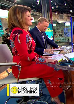 Norah’s red floral jumpsuit on CBS This Morning