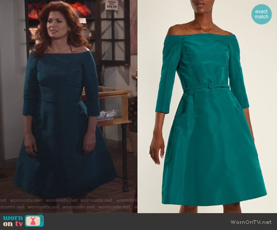 Off-the-shoulder silk-faille dress by Oscar De La Renta worn by Grace Adler (Debra Messing) on Will and Grace