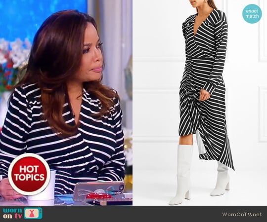 Annabel asymmetric ruched striped stretch-jersey dress by Preen by Thornton Bregazzi worn by Sunny Hostin on The View