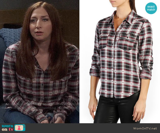 Paige Mya Shirt in Black/Beaujolais  worn by Gina Linetti (Chelsea Peretti) on Brooklyn Nine-Nine