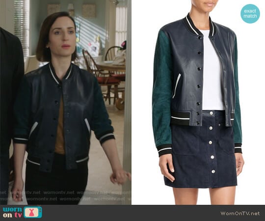 Suede and Leather Varsity Jacket by Rag and Bone worn by Jennifer Short (Zoe Lister-Jones) on Life in Pieces