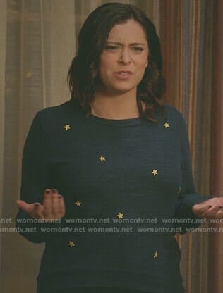 Rebecca's blue star print sweatshirt on Crazy Ex-Girlfriend