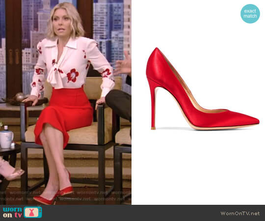 Point-Toe Satin Pumps by Gianvito Rossi worn by Kelly Ripa on Live with Kelly and Ryan