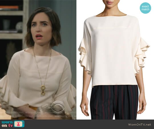 Boat-Neck Ruffled-Sleeve Crepe Top by See by Chloe worn by Jennifer Short (Zoe Lister-Jones) on Life in Pieces