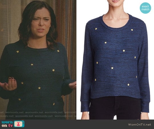 Star Patch Sweatshirt by Sundry worn by Rebecca Bunch (Rachel Bloom) on Crazy Ex-Girlfriend