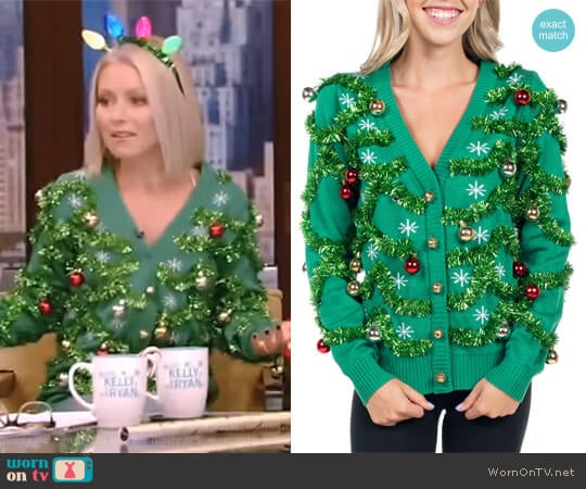 Tacky Christmas Sweater With Ornaments by Tipsy Elves worn by Kelly Ripa on Live with Kelly and Mark