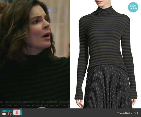 Striped Skinny-Rib Turtleneck Cashmere Sweater by Vince worn by Heather Hughes (Betsy Brandt) on Life in Pieces