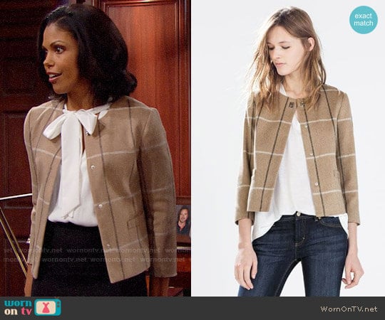 Zara Checked Wool Blazer With Collar Applique worn by Maya Avant (Karla Mosley) on The Bold and the Beautiful