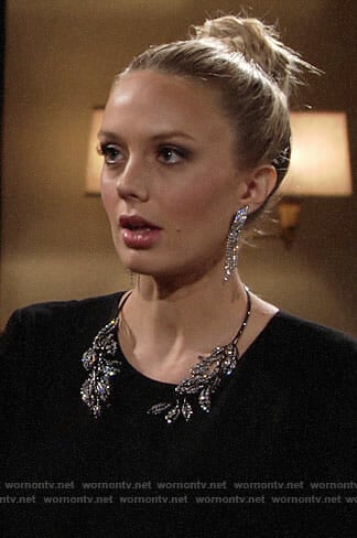 Abby's black feather trim dress and leaf collar necklace on The Young and the Restless