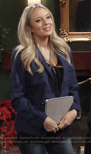 Abby’s blue plaid double-breasted blazer on The Young and the Restless