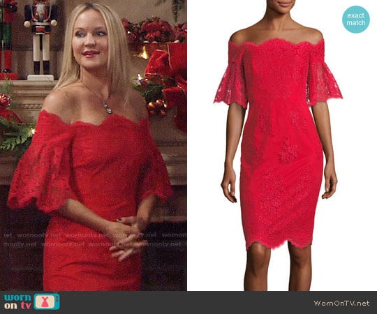 Badgley Mishka Lace Off-the-Shoulder Flutter-Sleeve Cocktail Dress worn by Sharon Newman (Sharon Case) on The Young and the Restless