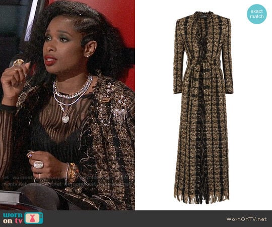 Balmain Belted metallic bouclé-tweed coat worn by Jennifer Hudson on The Voice