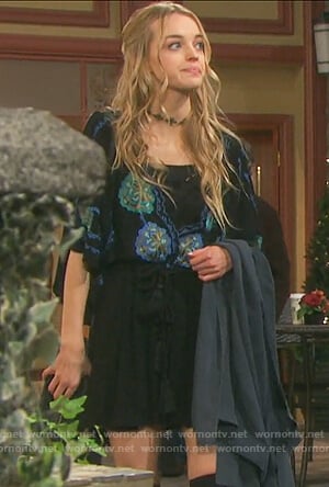 Claire’s black floral embroidered dress on Days of our Lives