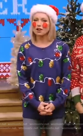 Kelly’s blue christmas light sweater on Live with Kelly and Ryan