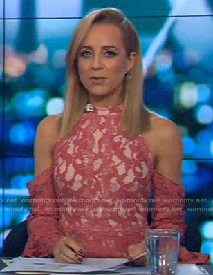 Carrie's pink lace cold-shoulder dress on The Project