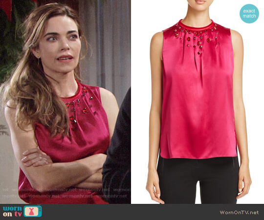 Elie Tahari Betsey Embellished Blouse in Wild Currant worn by Victoria Newman (Amelia Heinle) on The Young and the Restless