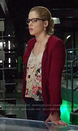 Felicity’s floral top and red tweed jacket on Arrow