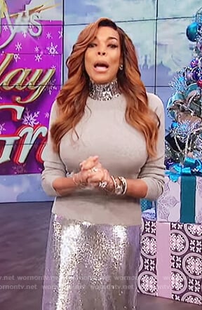 Wendy’s gray sequin embellished turtleneck sweater on The Wendy Williams Show